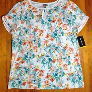 Zoe + Phoebe Floral Print Top‎ Short Sleeve Womens Size M stretchy spring new